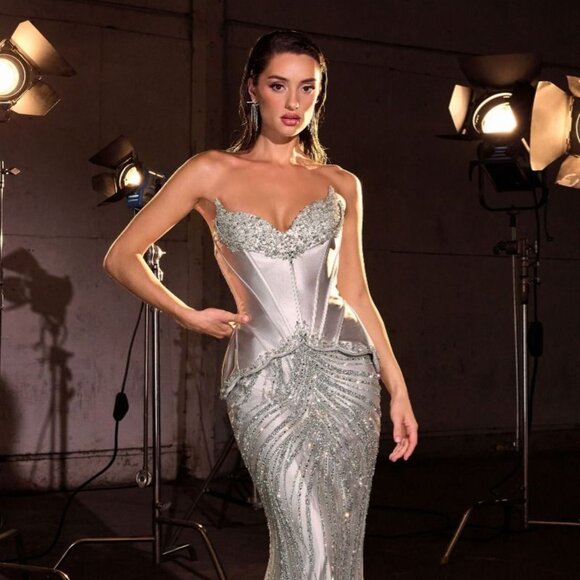 New Silver Strapless Mermaid Satin Prom Dress w/ Beaded Corset Bodice CD697 - Picture 3 of 11